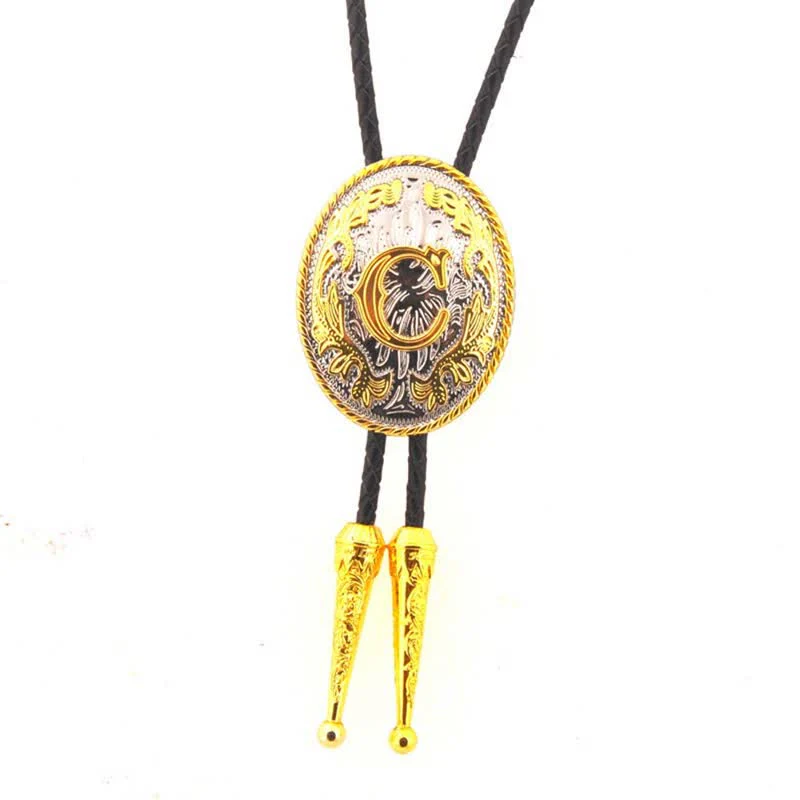 Gold & Silver Two-Tone Oval Initial Letter Leather Bolo Tie - Image 5