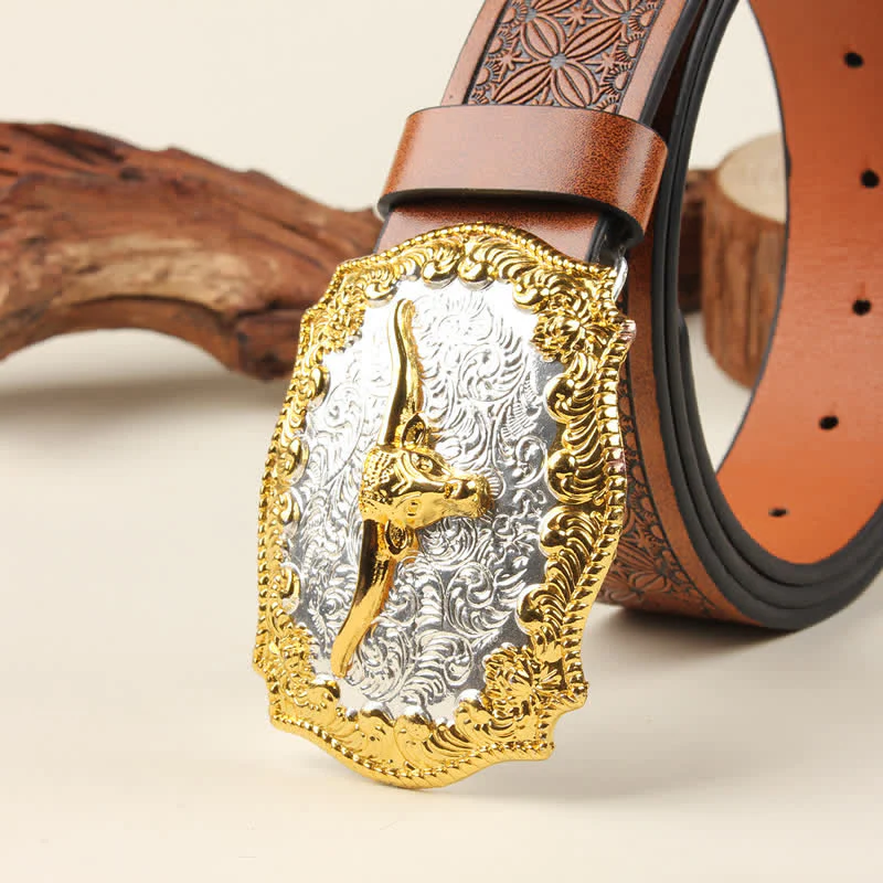 Gold & Silver Western Bull Buckle Leather Belt - Image 4