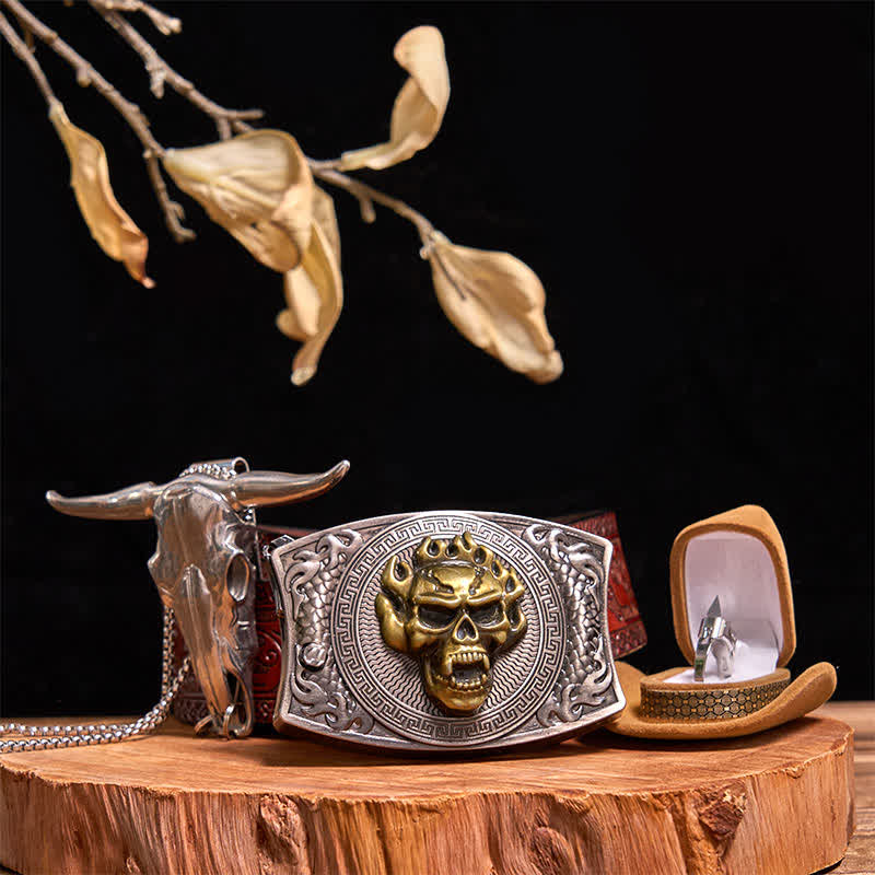 Gold Skull DIY Hidden Knife Belt Buckle Bull Pendant Tactical Ring Bundle Set - Image 11