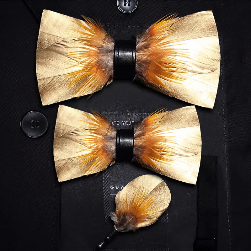 Gold & Tobacco Feather Bow Tie with Lapel Pin - Image 6