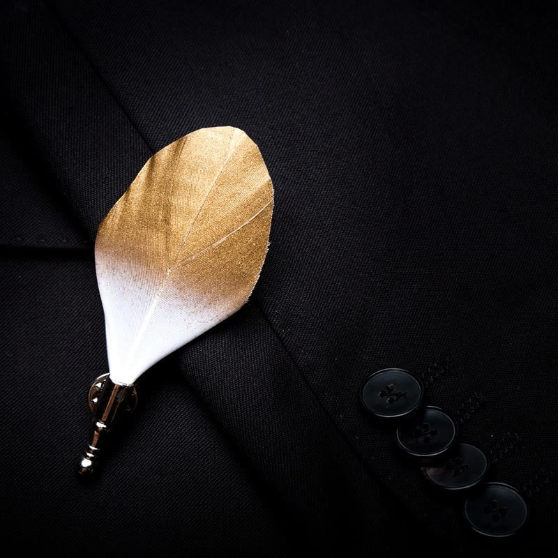 Gold & White Butterscotch Feather Bow Tie with Lapel Pin - Image 3