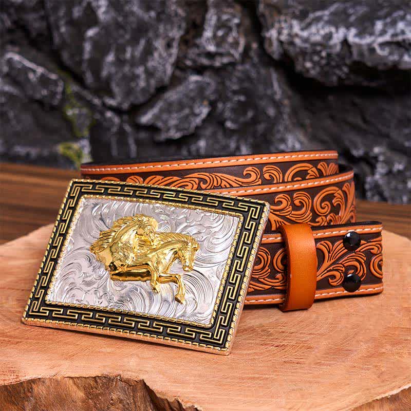 Golden & Black Rectangular Double Horses DIY Large Buckle Leather Belt - Image 10