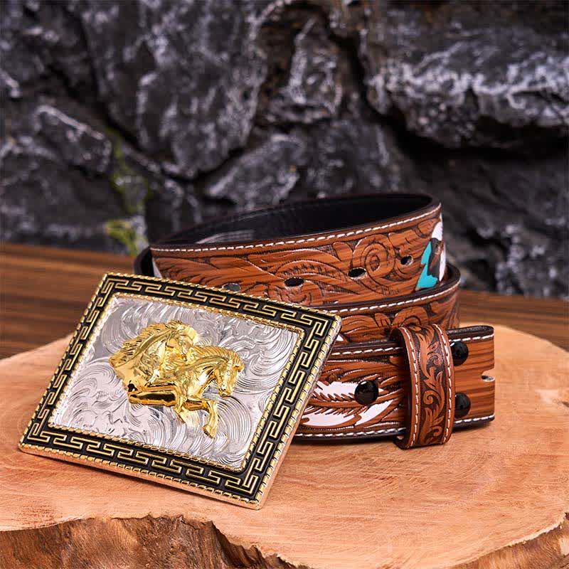 Golden & Black Rectangular Double Horses DIY Large Buckle Leather Belt - Image 11