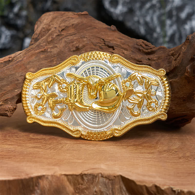 Golden Bull & Cowboy Hat DIY West Large Buckle Leather Belt 