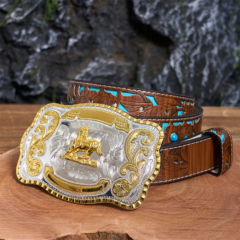 Golden Gallant Horse DIY Cowboy Buckle Leather Belt - Image 5