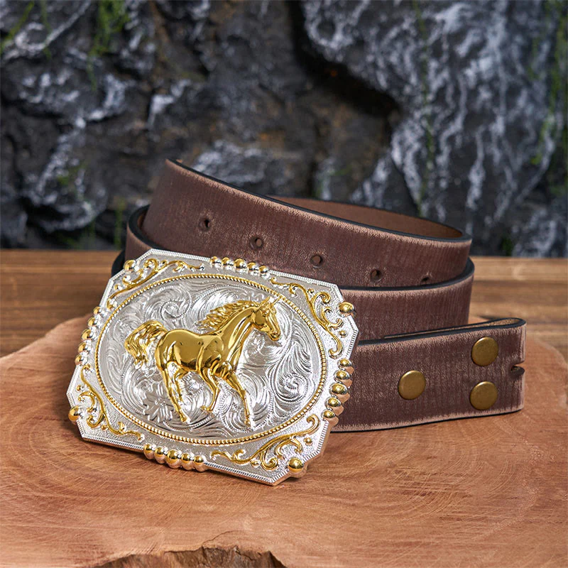Golden Running Horse DIY Cowboy Buckle Leather Belt - Image 7