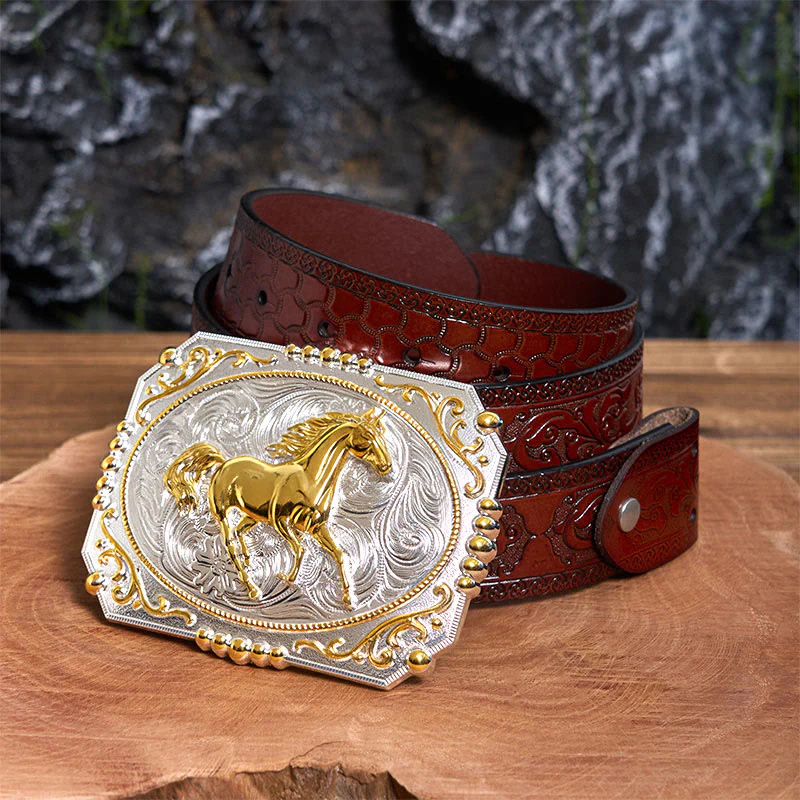 Golden Running Horse DIY Cowboy Buckle Leather Belt - Image 8