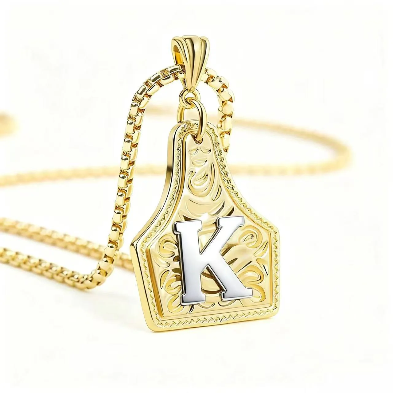 Golden & Silver Exquisite Letter Pendant Embossed Necklace - Image 15