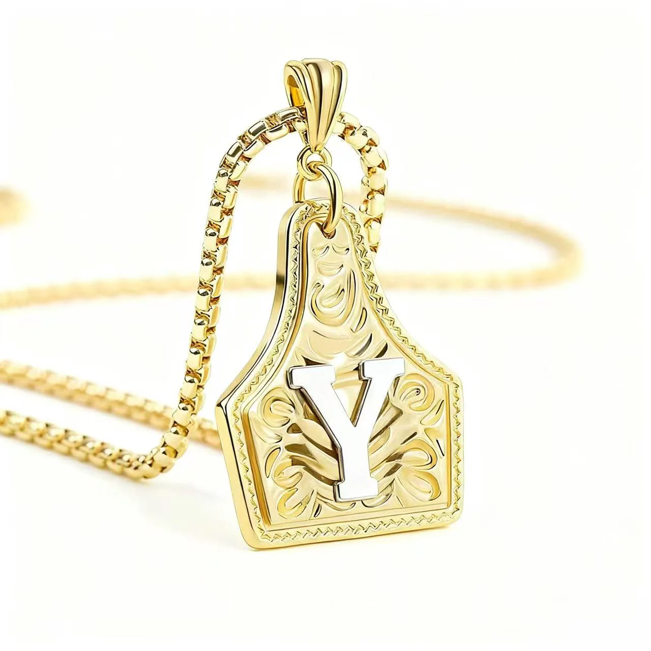 Golden & Silver Exquisite Letter Pendant Embossed Necklace - Image 29