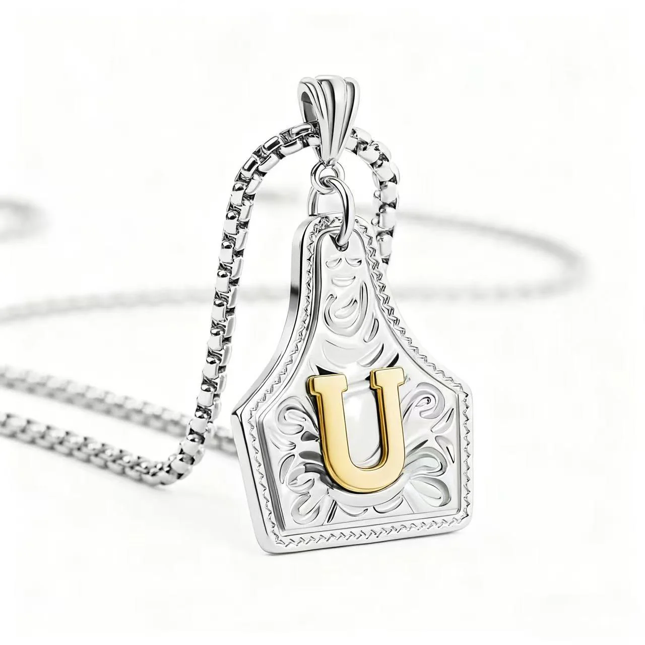 Golden & Silver Exquisite Letter Pendant Embossed Necklace - Image 51