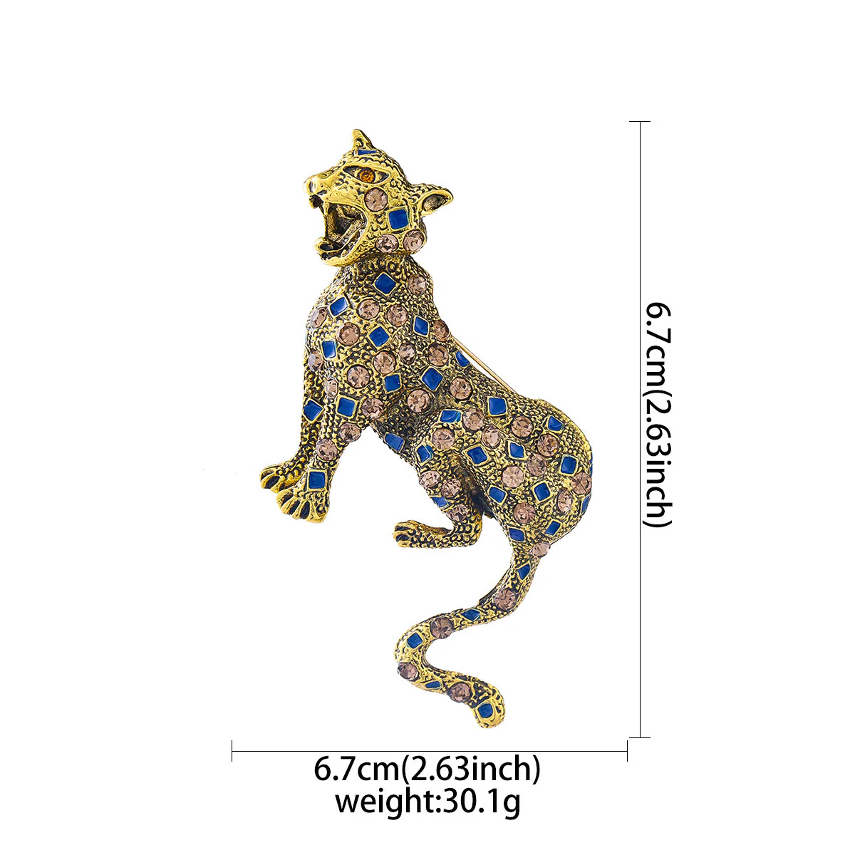 Golden Studded Diamond Blue Square Leopard Brooch - Image 5