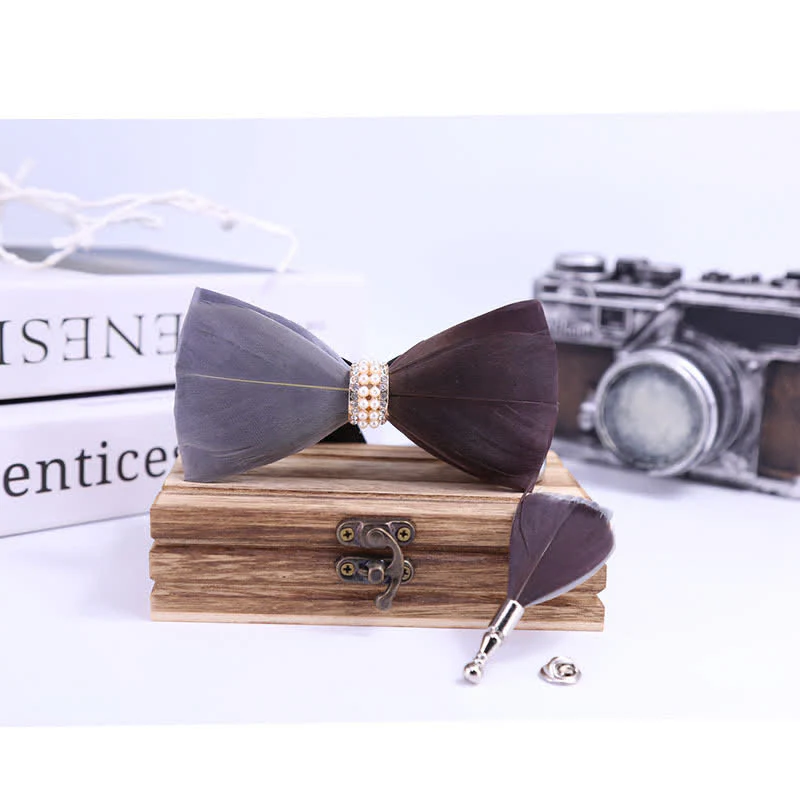 Gray & Brown Shiny Pearl Feather Bow Tie with Lapel Pin - Image 2