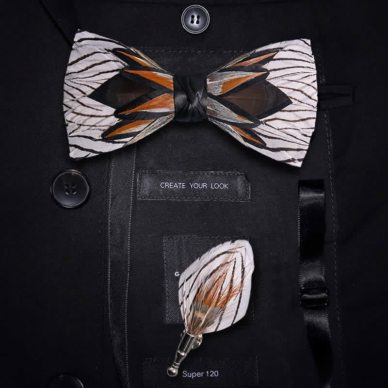 Gray & White Web-like Feather Bow Tie With Lapel Pin