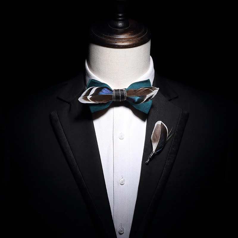 Green Mallard Duck Feather Bow Tie with Lapel Pin - Image 3