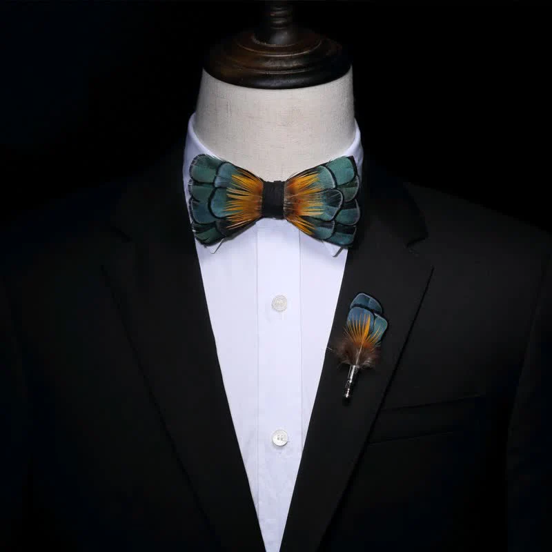 Green & Orange Sunflower Feather Bow Tie with Lapel Pin - Image 3