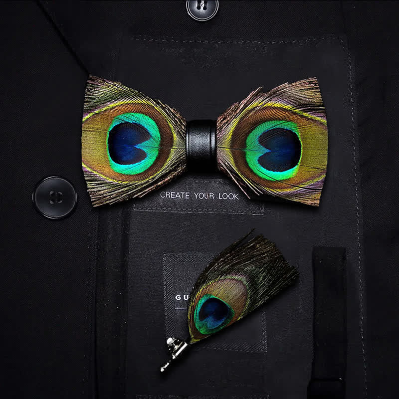 Green Peacock Feather Bow Tie with Lapel Pin - Image 6