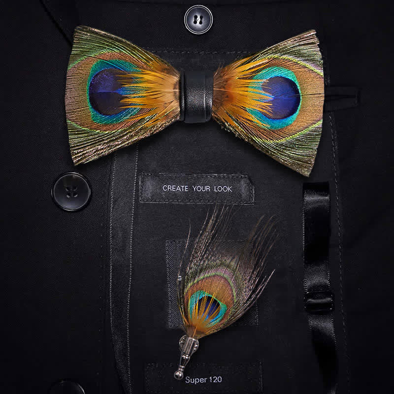 Green Peafowl Eyes Feather Bow Tie with Lapel Pin