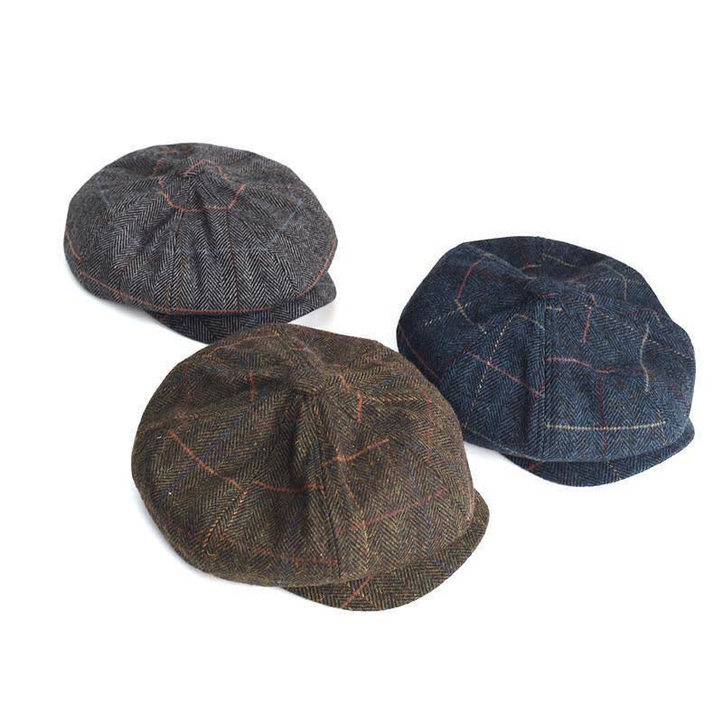 Herringbone & Plaid Warm Wool Blend Octagonal Beret Hat - Image 2