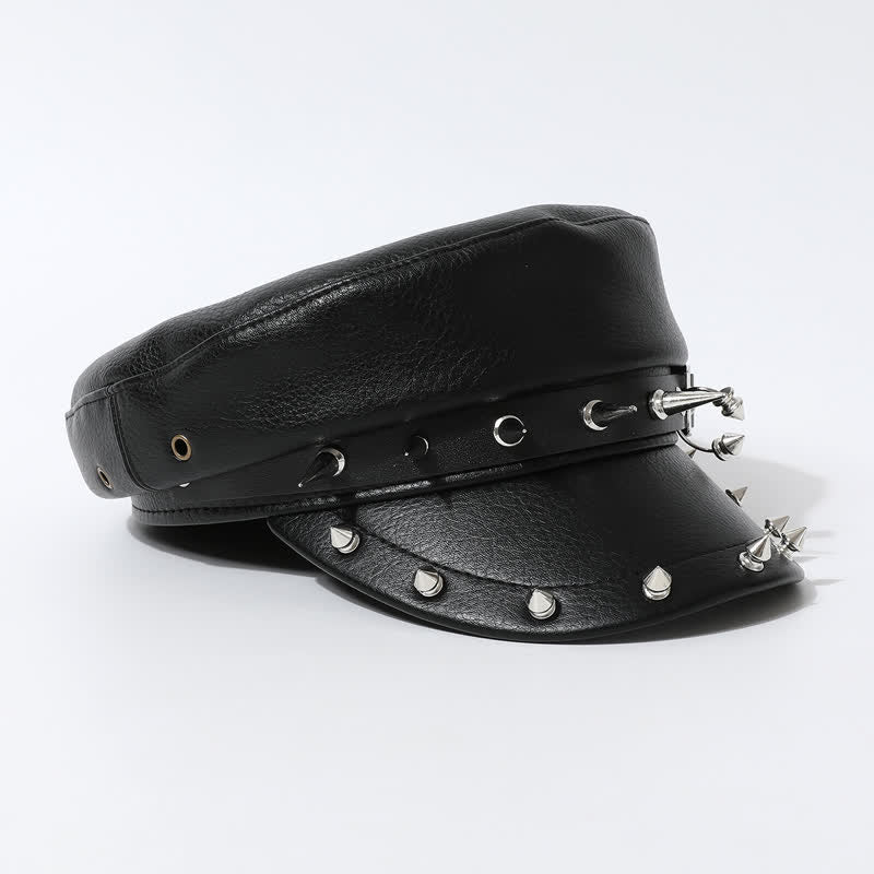 Hip-Hop Style Heart Studded Rivet Black Leather Beret Hat - Image 3