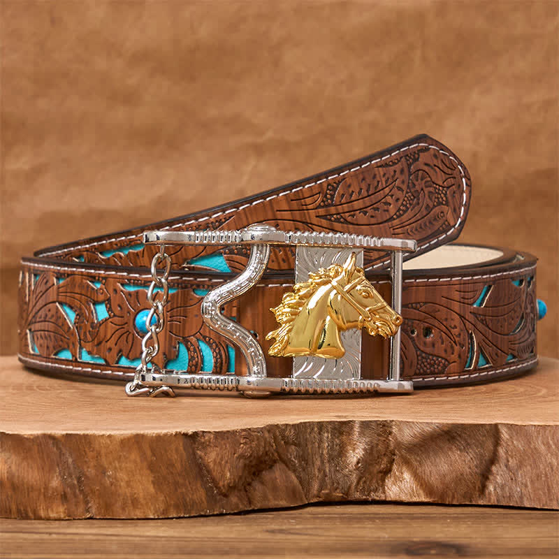 Hollow Out Gold & Silver Horse Head Buckle Leather Belt - Image 4