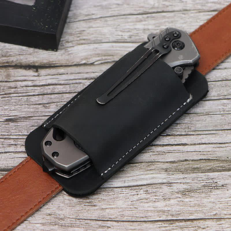 Horizontal Open Bottom Folding Knife Sheath Leather Belt Bag - Image 7