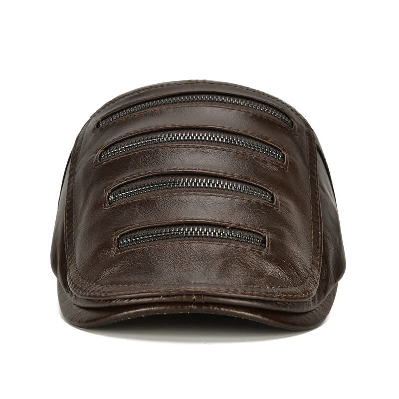 Horizontal Zipper Decoration Leather Beret Hat - Image 2