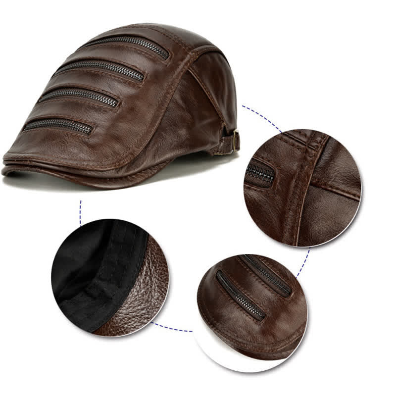 Horizontal Zipper Decoration Leather Beret Hat - Image 8