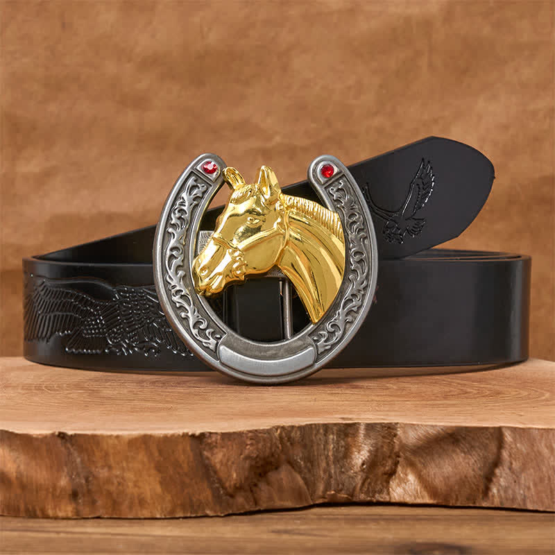 Horse Head & Horseshoe Shape Buckle Leather Belt - Image 3