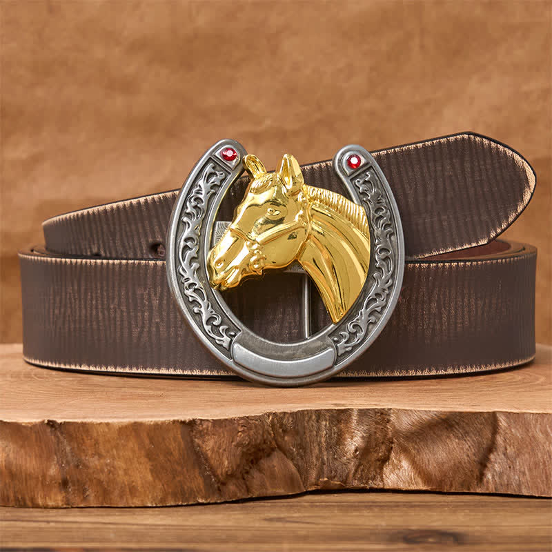 Horse Head & Horseshoe Shape Buckle Leather Belt - Image 6