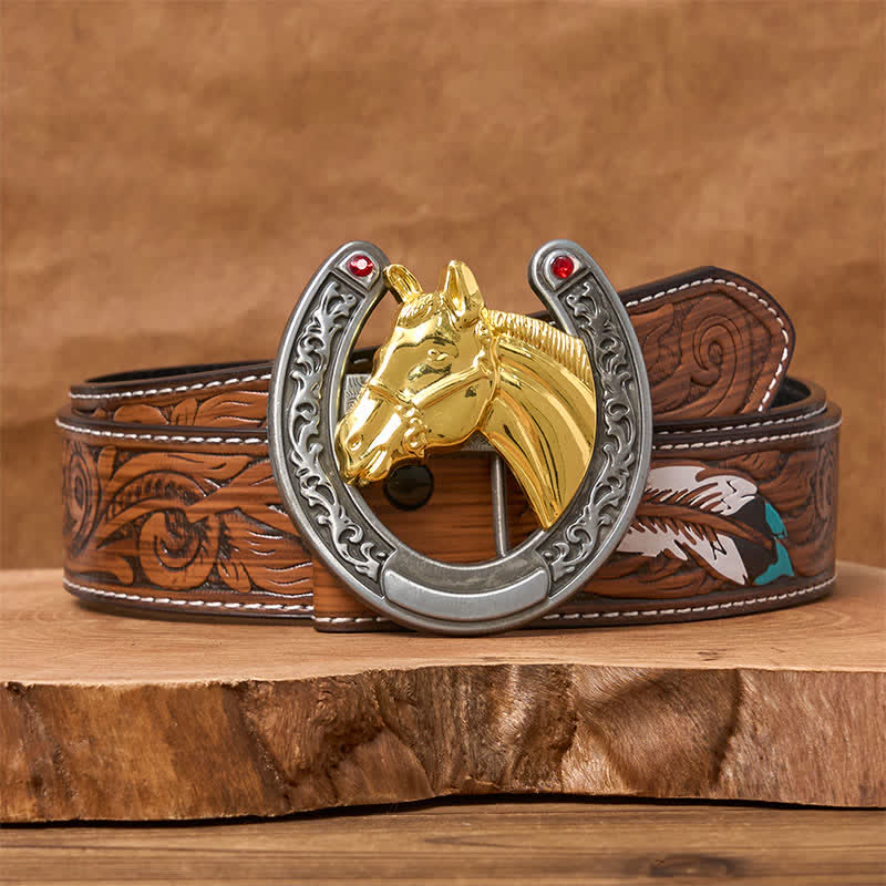 Horse Head & Horseshoe Shape Buckle Leather Belt - Image 8