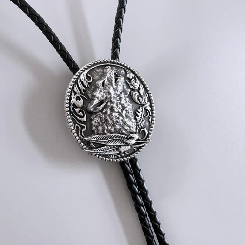 Howling Wolf Head Surrounding Leaves Bolo Tie - Image 4