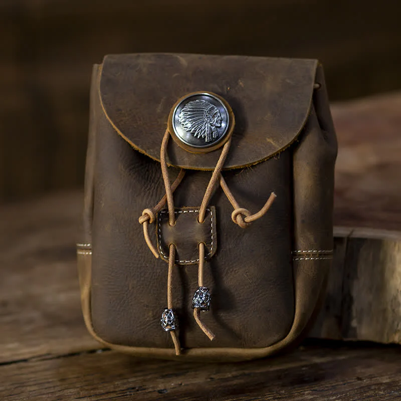 Indian Style Small Wallet Drawstring Crazy Horse Leather Belt Bag - Image 2