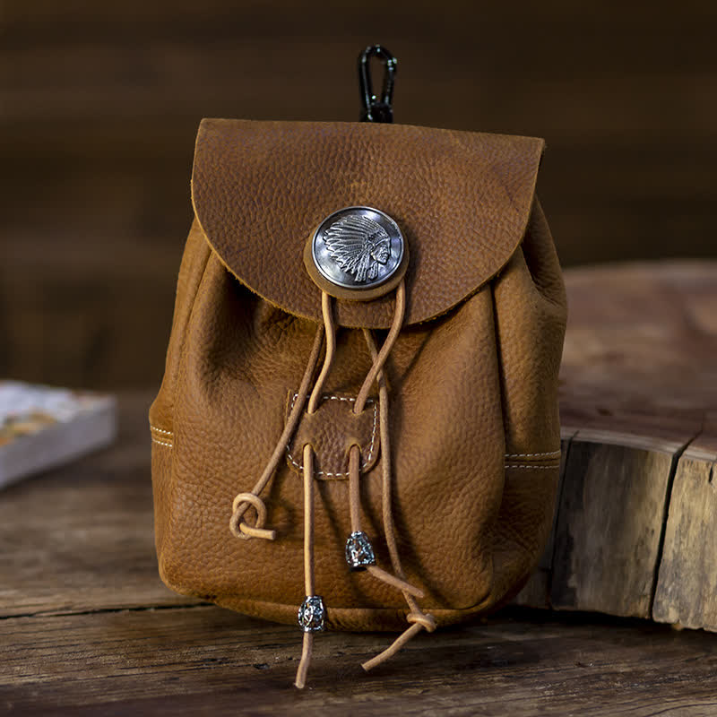 Indian Style Small Wallet Drawstring Crazy Horse Leather Belt Bag - Image 4