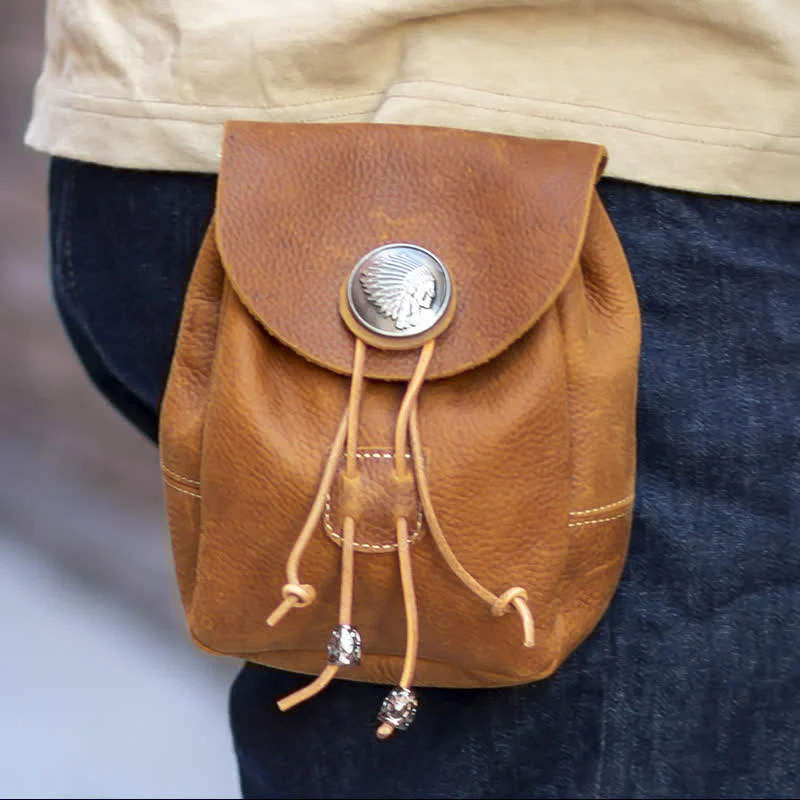 Indian Style Small Wallet Drawstring Crazy Horse Leather Belt Bag - Image 6