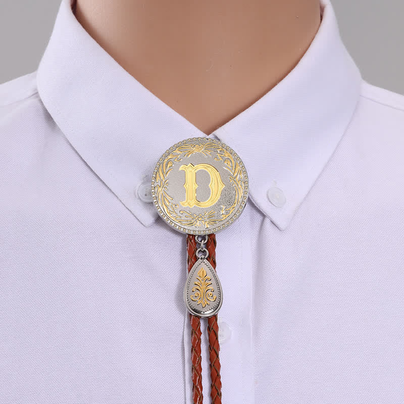 Initial Letter Brown Leather Bolo Tie With Teardrop-Shaped Pendant - Image 2