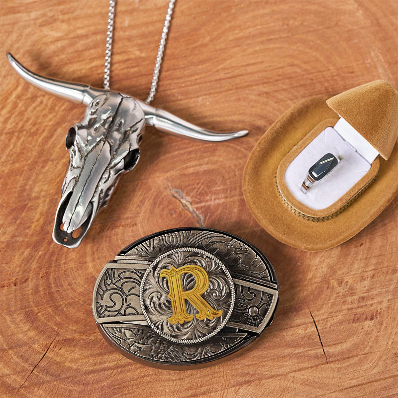 Initial Letter DIY Hidden Knife Belt Buckle Bull Head Pendant Ring Bundle Set - Image 24
