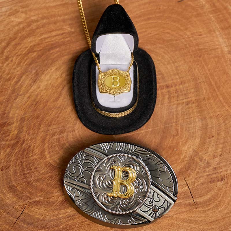 Initial Letter DIY Hidden Knife Belt Buckle Gold Necklace Bundle Set - Image 3