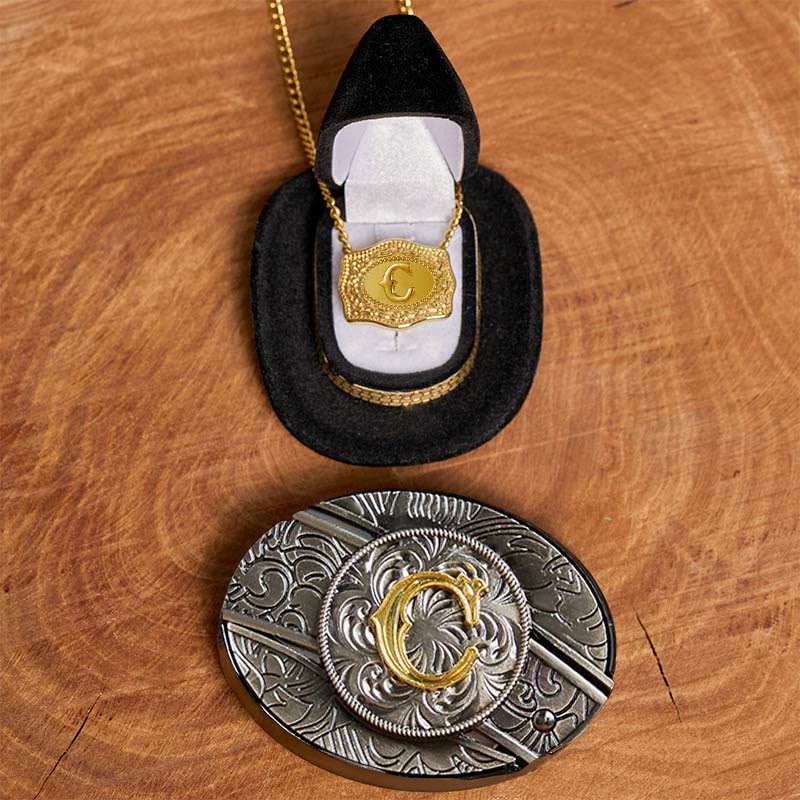 Initial Letter DIY Hidden Knife Belt Buckle Gold Necklace Bundle Set - Image 9