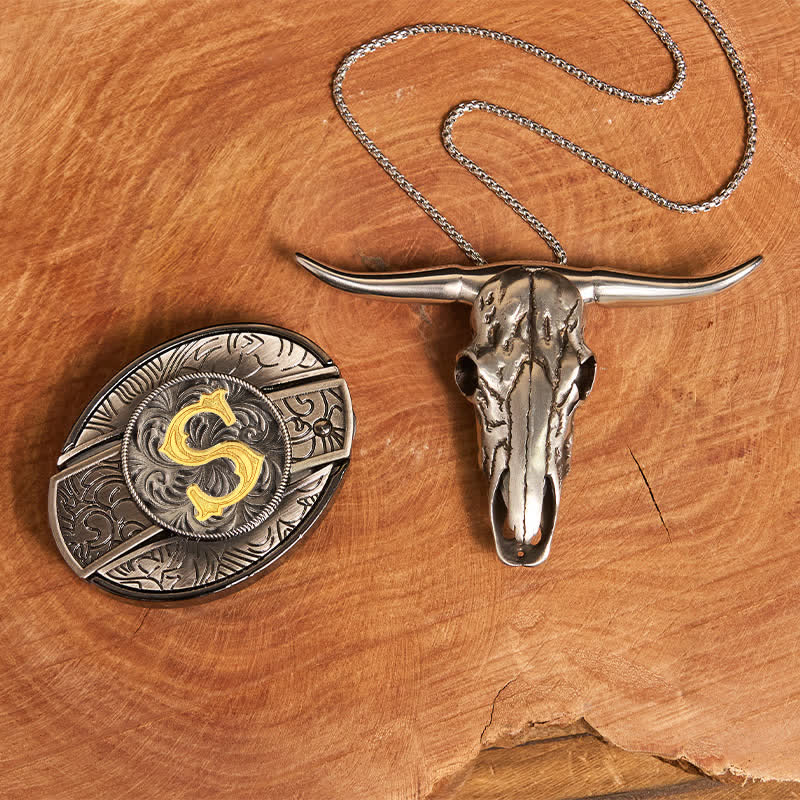 Initial Letter DIY Hidden Knife Belt Buckle Longhorn Pendant Bundle Set - Image 28