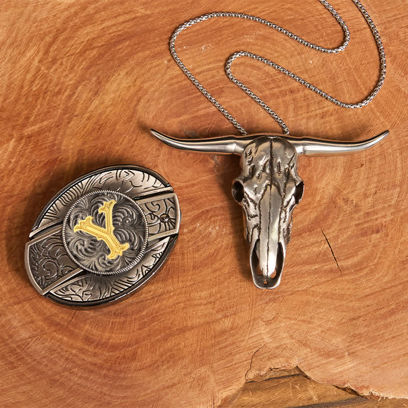 Initial Letter DIY Hidden Knife Belt Buckle Longhorn Pendant Bundle Set - Image 34