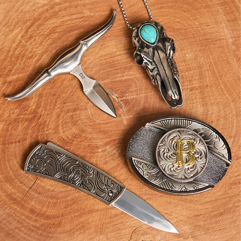 Initial Letter DIY Hidden Knife Buckle Turquoise Bull Pendant Bundle Set - Image 3