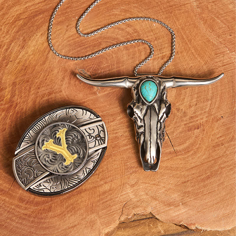 Initial Letter DIY Hidden Knife Buckle Turquoise Bull Pendant Bundle Set - Image 34
