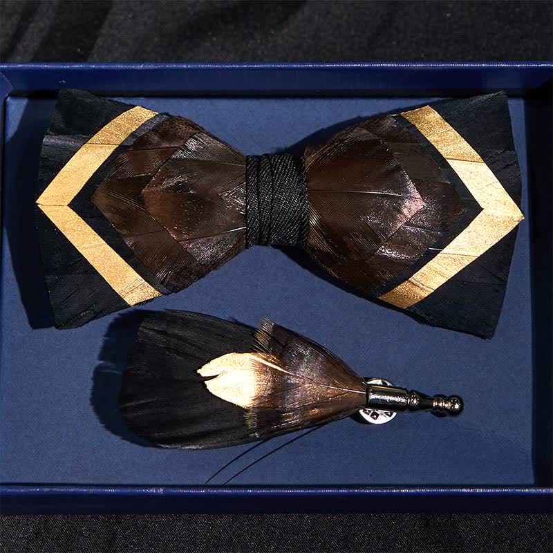 Iridescent Copper Feather Bow Tie with Lapel Pin - Image 3