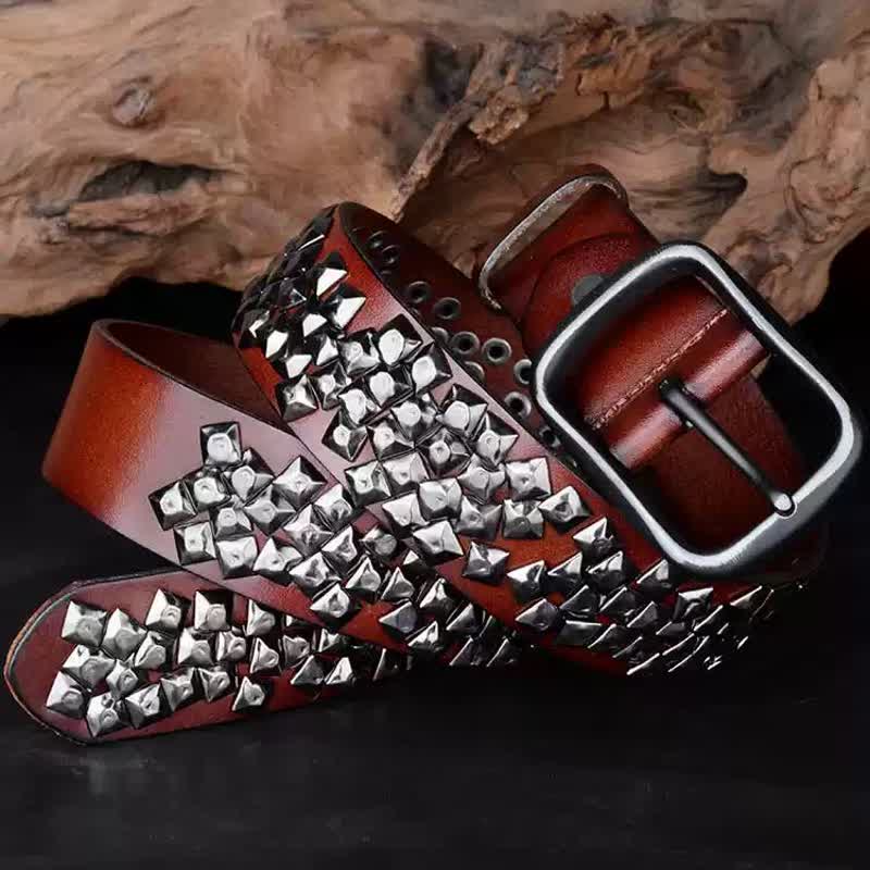 Irregular Arrangement Bright Pyramid Rivets Leather Belt - Image 4