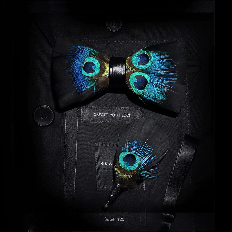 Kid's Black & Blue Peacock Eye Feather Bow Tie with Lapel Pin - Image 3
