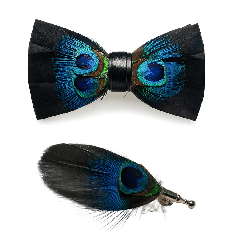 Kid's Black & Blue Peacock Eye Feather Bow Tie with Lapel Pin - Image 5