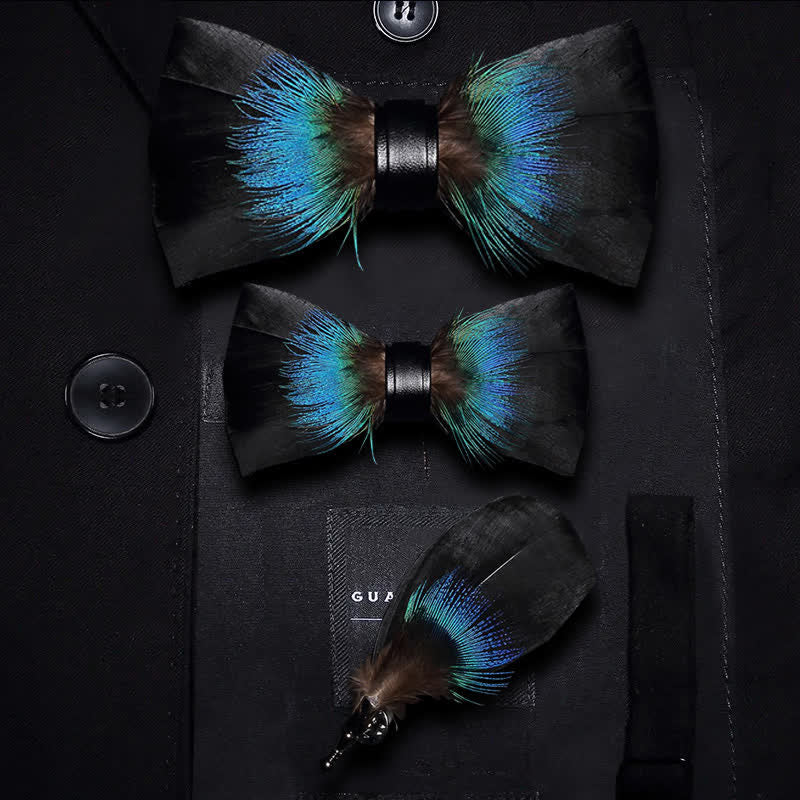 Kid's Black & Blue Versatile Feather Bow Tie with Lapel Pin - Image 4