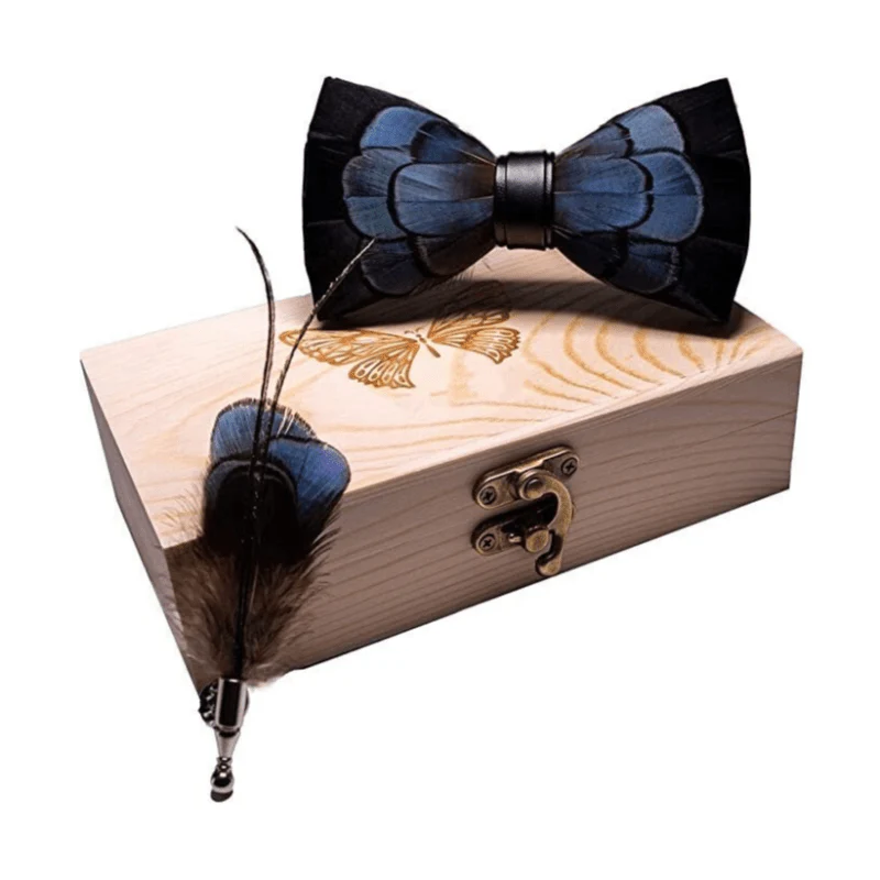 Kid's Black & Green Exquisite Feather Bow Tie with Lapel Pin - Image 8