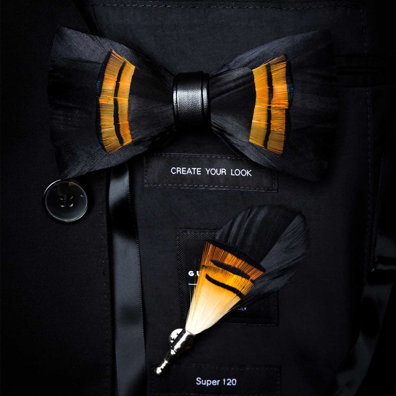 Kid's Black & Orange Midnight Feather Bow Tie with Lapel Pin - Image 4