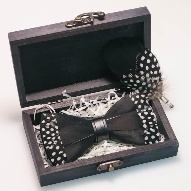 Kid's Black Polka-dotted Feather Bow Tie with Lapel Pin - Image 7